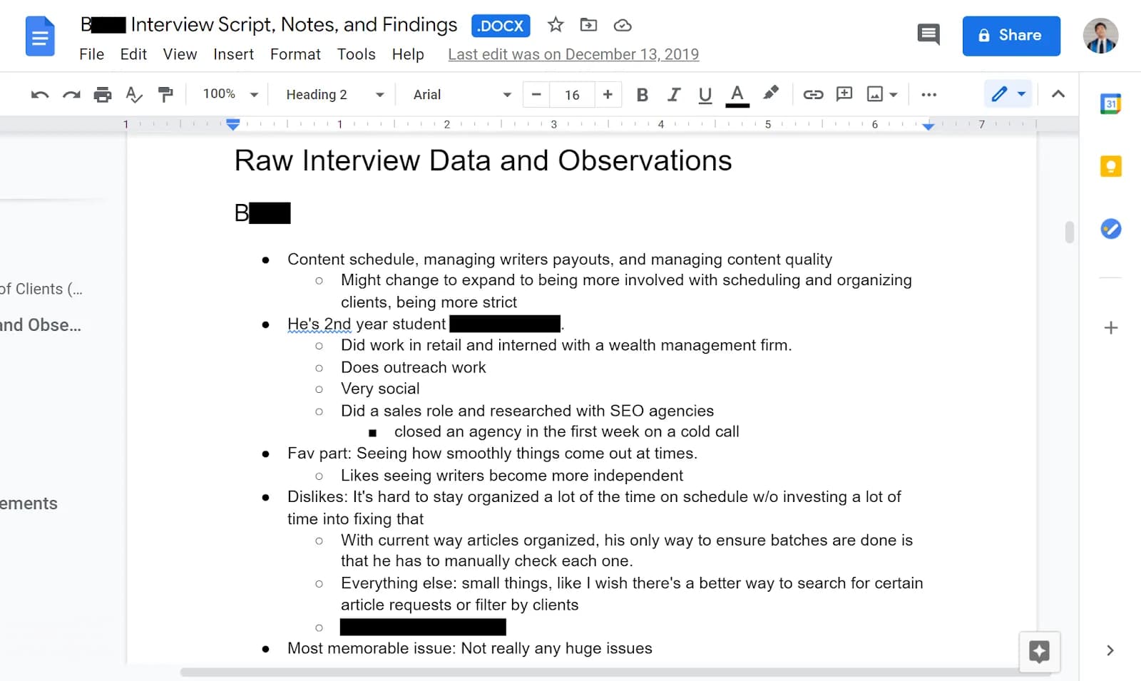 Notes detailing a user interview.
