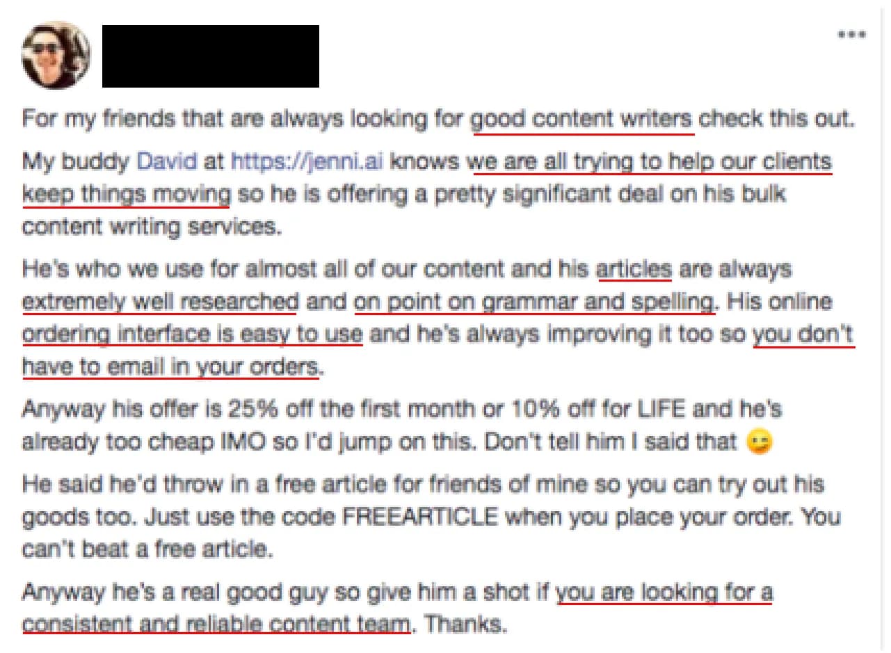 Screenshot of a Jenni customer's Facebook post with underlined text indicating underlying needs.