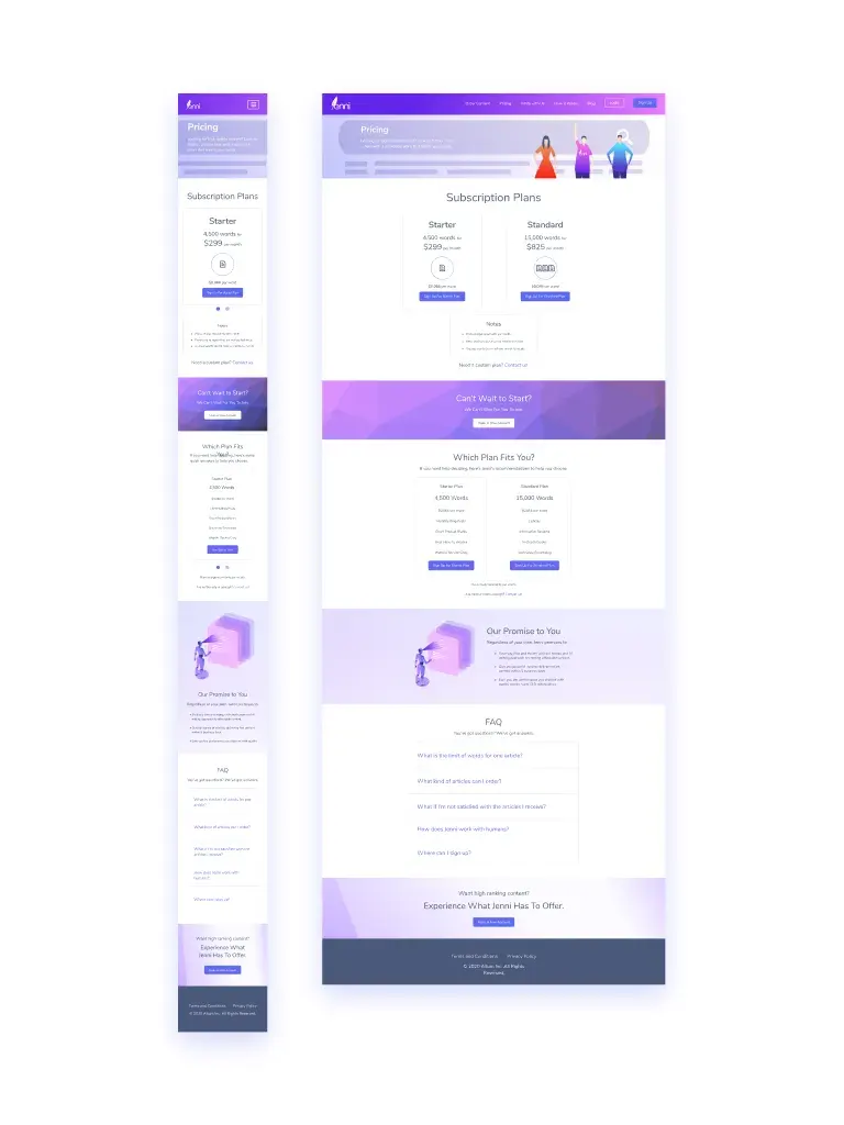 Older desktop and mobile layout for Jenni's pricing page.