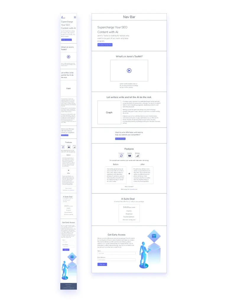 Wireframes for a Jenni AI landing page redesign.