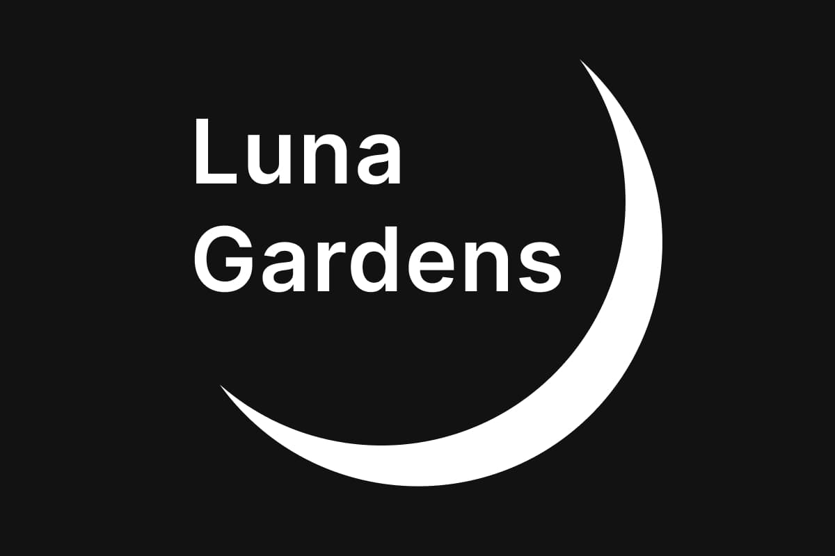 White text saying 'Luna Gardens' next to a white crescent moon on a black background.